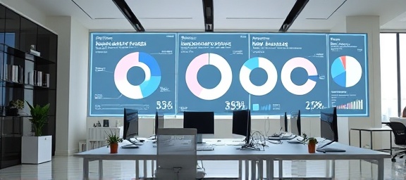 emerging AI advancements, analytical expression, assessing new models, photorealistic, modern office with interactive displays, highly detailed, cascading pie charts, 8K resolution, minimalistic white and gray, soft natural lighting, shot with an 85mm portrait lens.