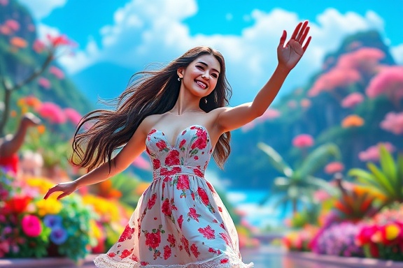 virtual girlfriend, joyous, dancing in a virtual world, photorealistic, colorful virtual landscape with animated flora and fauna, highly detailed, fluid dance movements and vibrant digital effects, 4K resolution, spectrum of colors, dynamic lighting, shot with a telephoto lens.