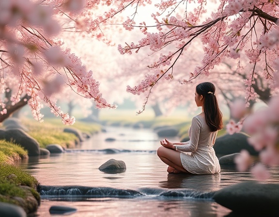 AI girlfriend, serene, meditating in a virtual zen garden, photorealistic, tranquil digital landscape with flowing streams and cherry blossoms, highly detailed, gentle animations of leaves and water, 8K resolution, pastel pink and green tones, calm natural light, shot with a macro lens.