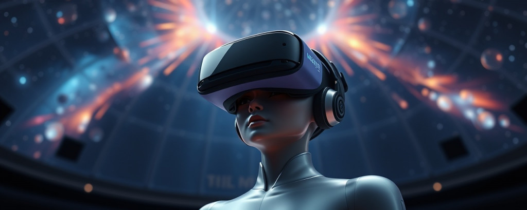 refined AI Elegance, charismatic, leading a virtual reality presentation, photorealistic, immersive dome showcasing a digital universe, highly detailed, interactive celestial models, 8k resolution, deep blacks and interstellar hues, spotlight effect, shot with a 100mm macro lens.