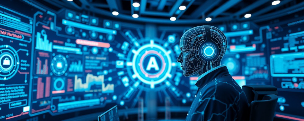 intelligent AI assistance, understanding, providing solutions, photorealistic, futuristic control center with neuron-like data flow, highly detailed, dynamic interface animations, ultra-high resolution, electric blue, soft spotlight, shot with an ultra-wide lens.