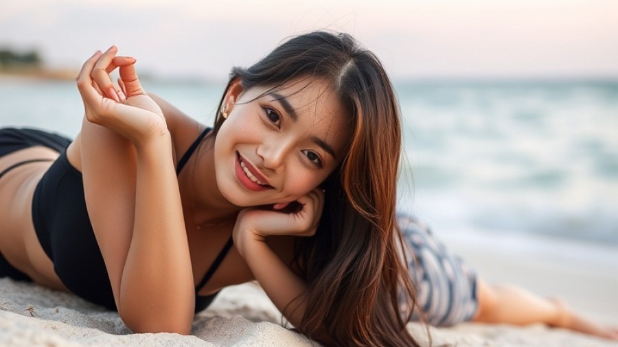 AI girlfriend relaxing on the beach, enjoying the sun and waves.