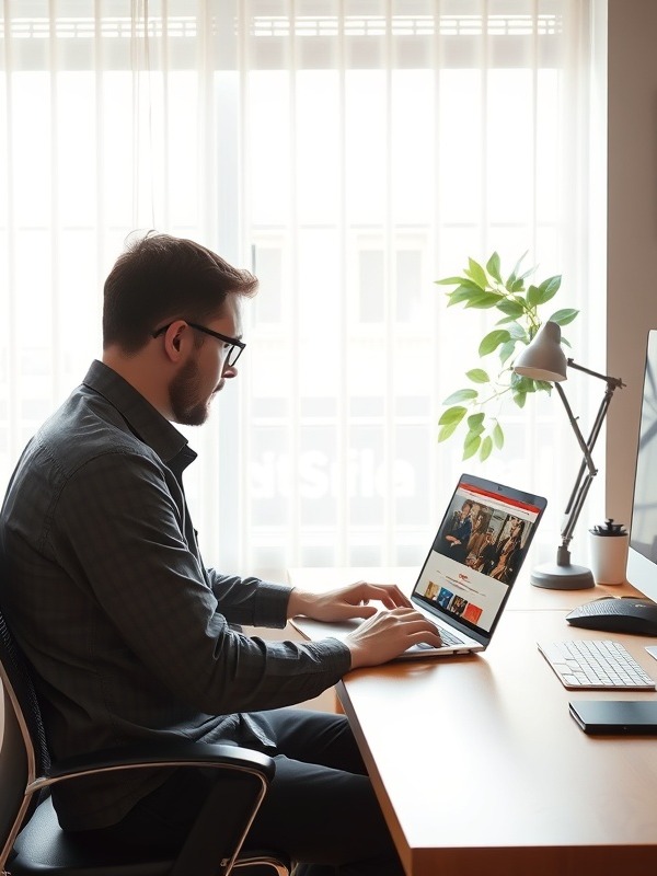 Man at desk using laptop with AI girlfriend website displayed.