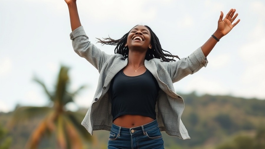 African American AI girlfriend joyfully jumping in celebration.