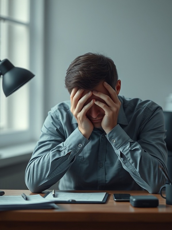 A lonely man at his desk, head in hands, depicting sadness and solitude.