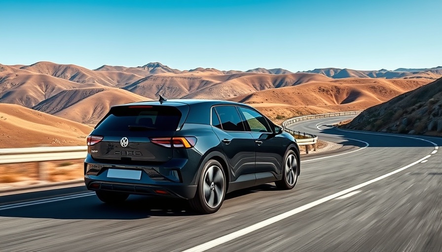 2025 Volkswagen ID.Buzz on a mountain road with blue sky.