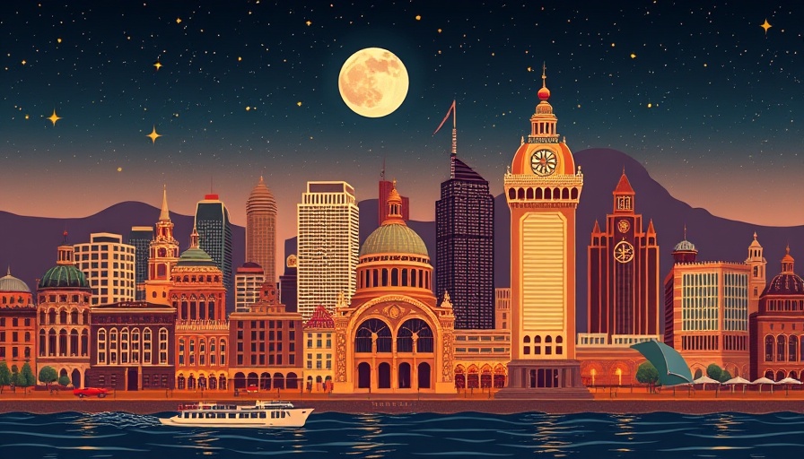 Stylized cityscape illustration with ornate buildings, Real Estate News theme.