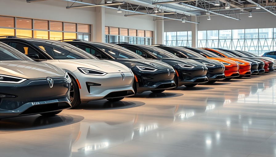 Futuristic EV lineup showcasing solid-state battery vehicles in a showroom.