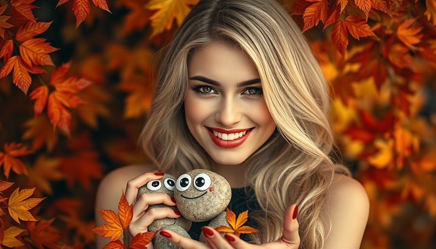Smiling woman with googly-eyed stones, autumn backdrop, private listing networks real estate.