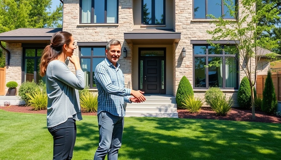 Real estate agent shaking hands with a client in front of a modern house.