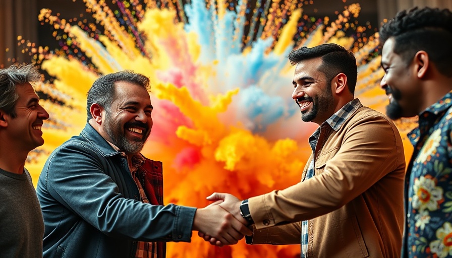 Diverse men shaking hands, vibrant background, other people's audiences concept.