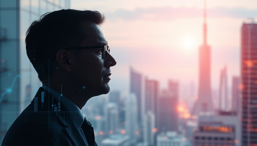 Abstract businessman with digital network and cityscape in real estate news.