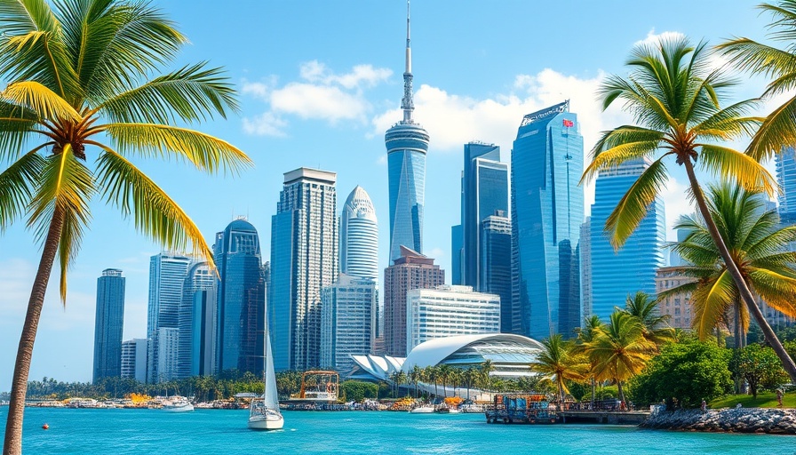Modern skyline with skyscrapers and palm trees in vibrant colors, Real Estate News.