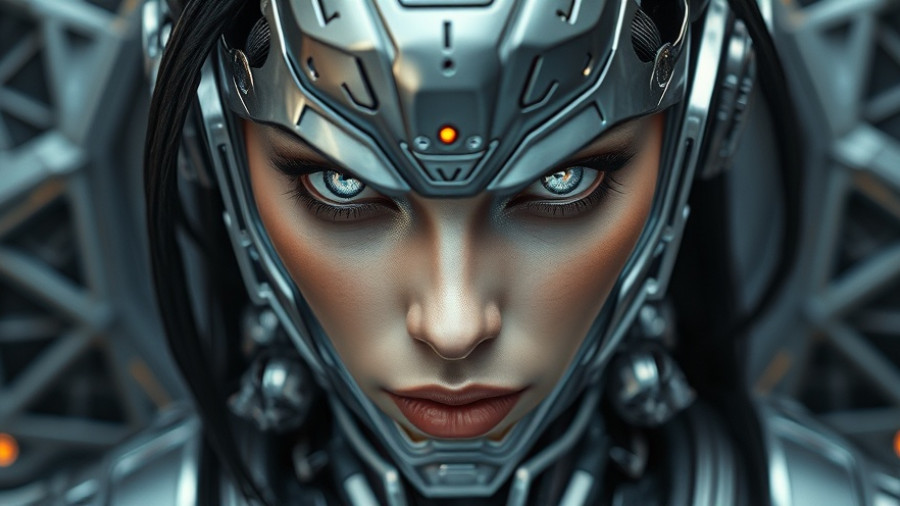 Futuristic cyborg face with geometric background.