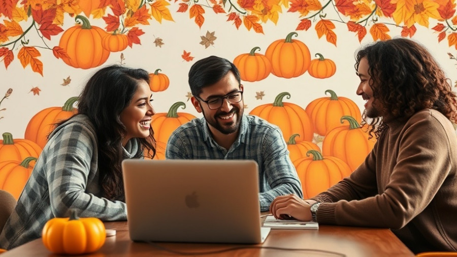 Diverse group discussing strategies with autumn background.
