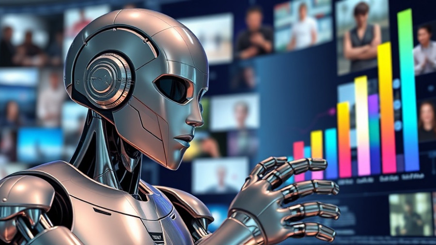 Futuristic robots studying data in a digital environment for AI video trust.