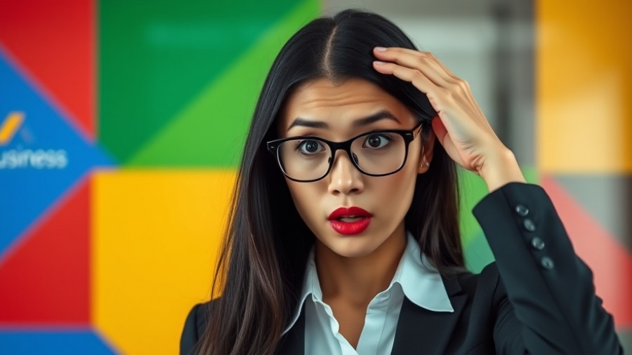 Surprised woman realizing Google Business Profile mistakes, vibrant colors.