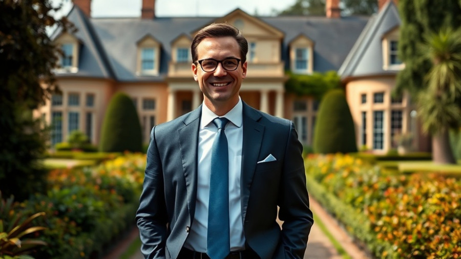 Professional in front of luxury estate reflecting real estate market trends.