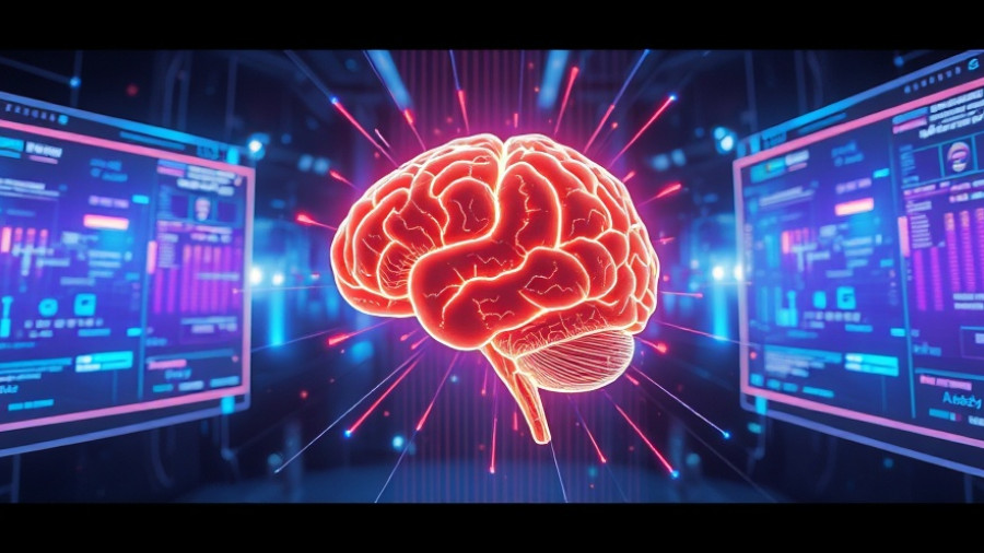Futuristic AI technology display with brain hologram and data streams.