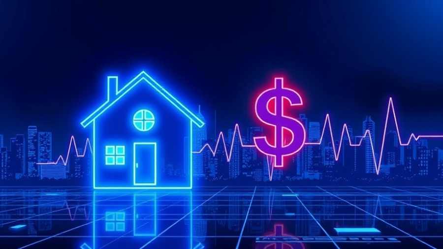 Futuristic graphic of real estate technology with cityscape.