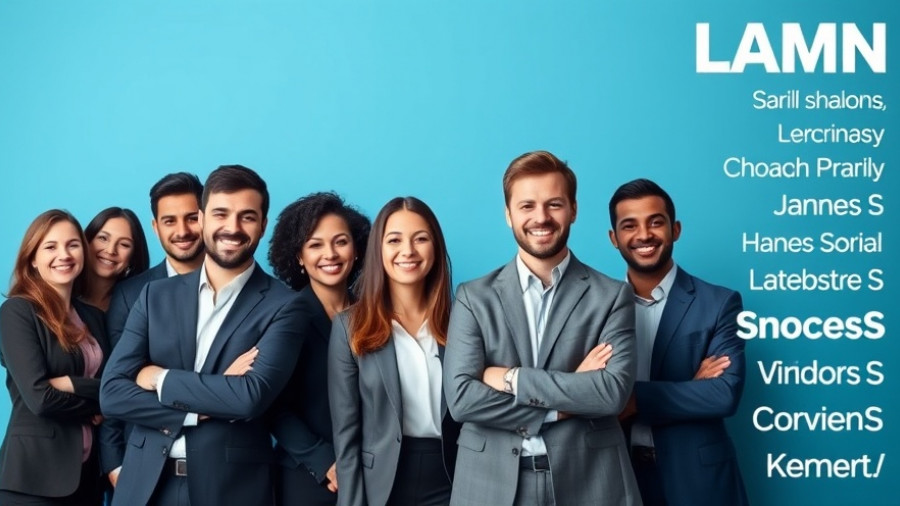 Group of business professionals smiling, Real Estate Outlook 2025 discussion backdrop.