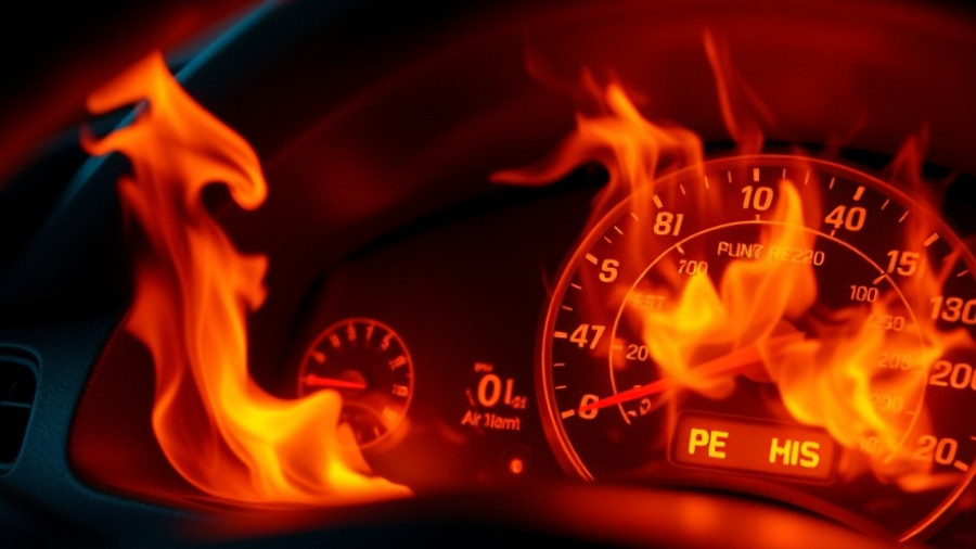 Fiery car dashboard with warning icons, symbolizing burnout.