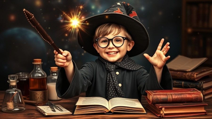Delighted child wizard casting a spell in magical setting.