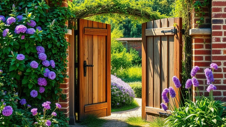 Charming open garden gate with path, lush greenery, purple flowers.
