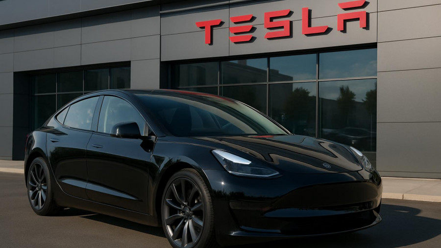 Sleek black Tesla parked in front of building with Tesla logo.