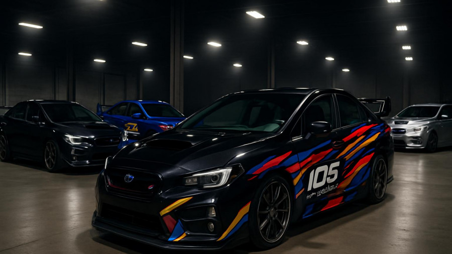 Subaru Brataroo Gymkhana cars in a warehouse setting with vivid decals.