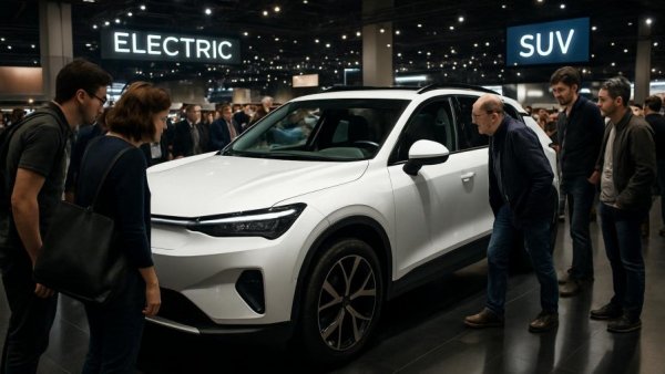 Car buyers at an exhibition examining a Chinese electric SUV.