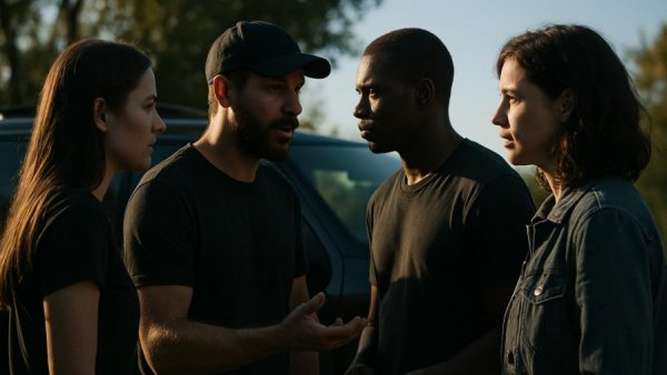 People discussing a car under bright sunlight, related to car loans.