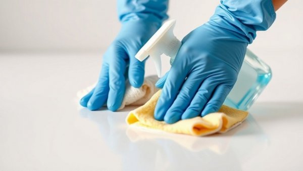 Cleaning surface with spray and cloth, declutter tips demonstration.