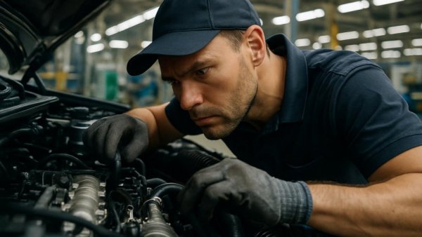 Focused automotive worker inspecting engine at manufacturing plant.