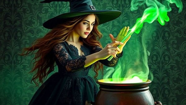 Witch casts spell with glowing green cauldron.