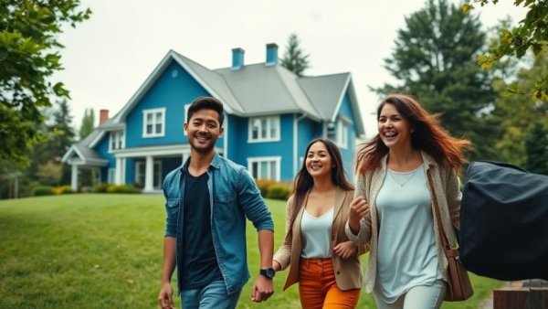 Young couple with real estate agent approaching a blue house, What Is an FHA Loan?