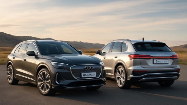 Sleek Audi Q6 e-Tron SUVs in open landscape showcasing lease offers