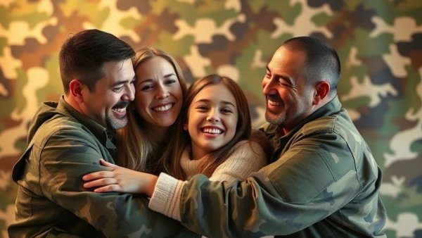 Family in military attire with camo background discussing military housing affordability.