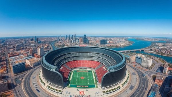 Aerial view of accessible NFL stadium with city skyline.