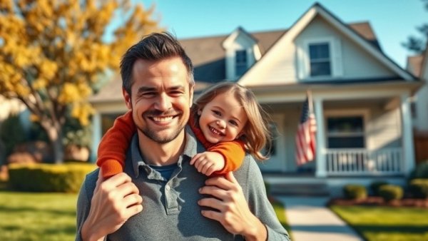 Family in front of suburban home, highlighting homebuying trends