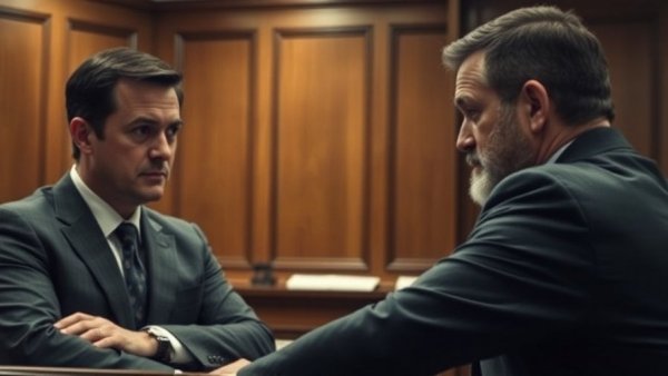 Courtroom scene with three men discussing legal matters, tense atmosphere.