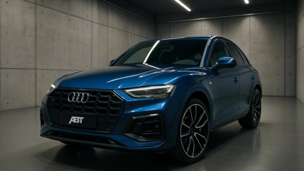 ABT Audi SQ5 tuning in modern showroom with blue finish.