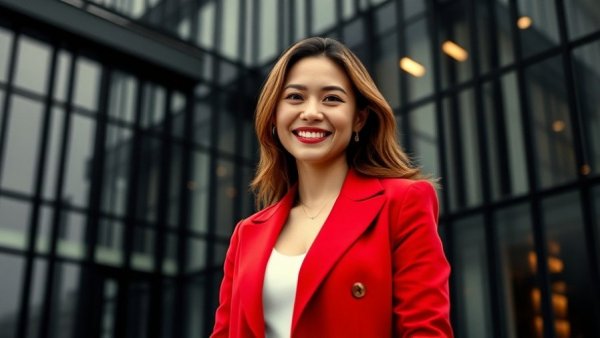 Smiling woman in red blazer with modern building backdrop, NAR Strategic Plan 2026 2028.