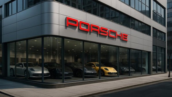 Modern Porsche dealership showcasing luxury cars.