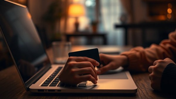 Hands holding a credit card while typing on a laptop in a dimly lit room, related to earnest money due date.