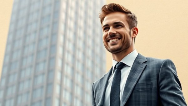 Portrait of a suited man next to office building, professional scene.