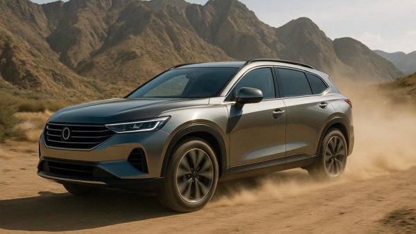 2026 Honda Pilot driving on rugged terrain with dust clouds, mountain background.