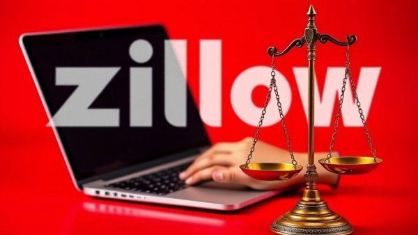 Zillow logo and justice scale depicting lawsuit concept on red background