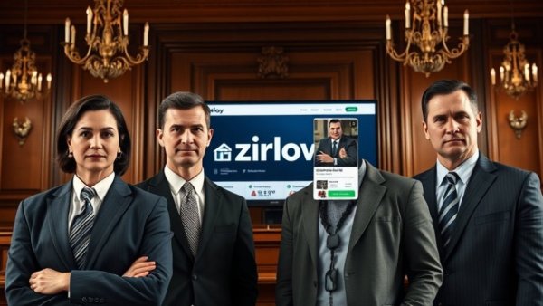 Business professionals with Zillow interface, highlighting lawsuit context.