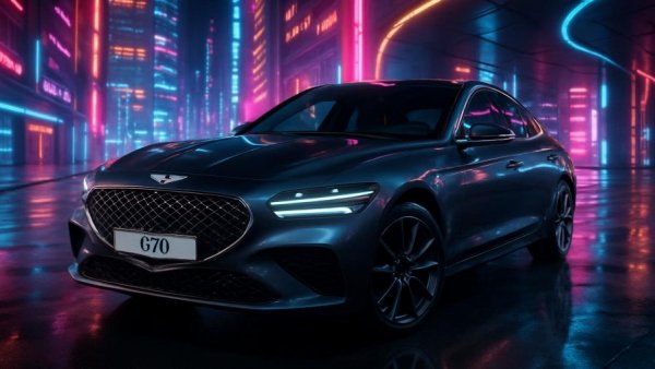 2026 Genesis G70 Prestige Graphite in futuristic urban setting.